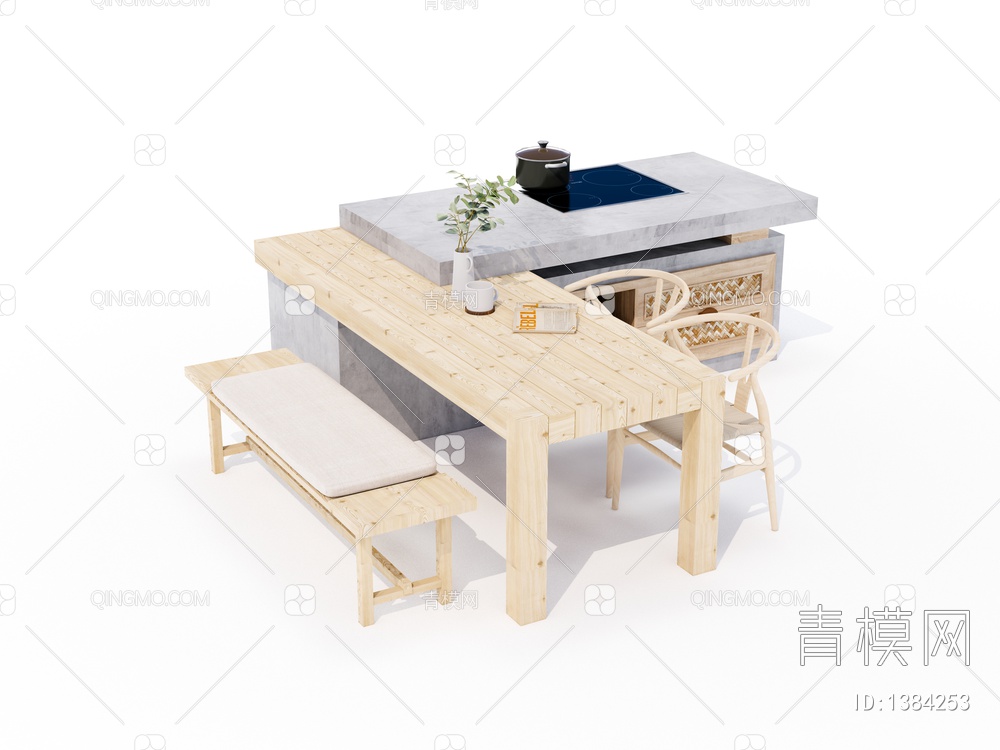 中岛餐桌椅组合SU模型下载【ID:1384253】