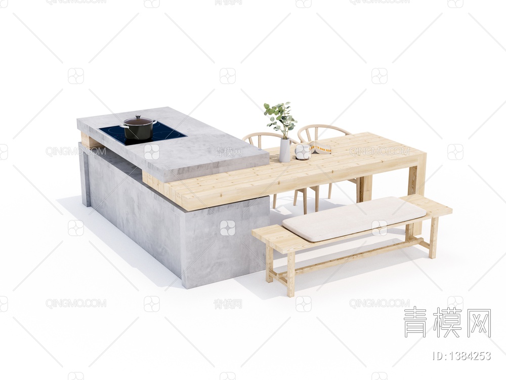 中岛餐桌椅组合SU模型下载【ID:1384253】