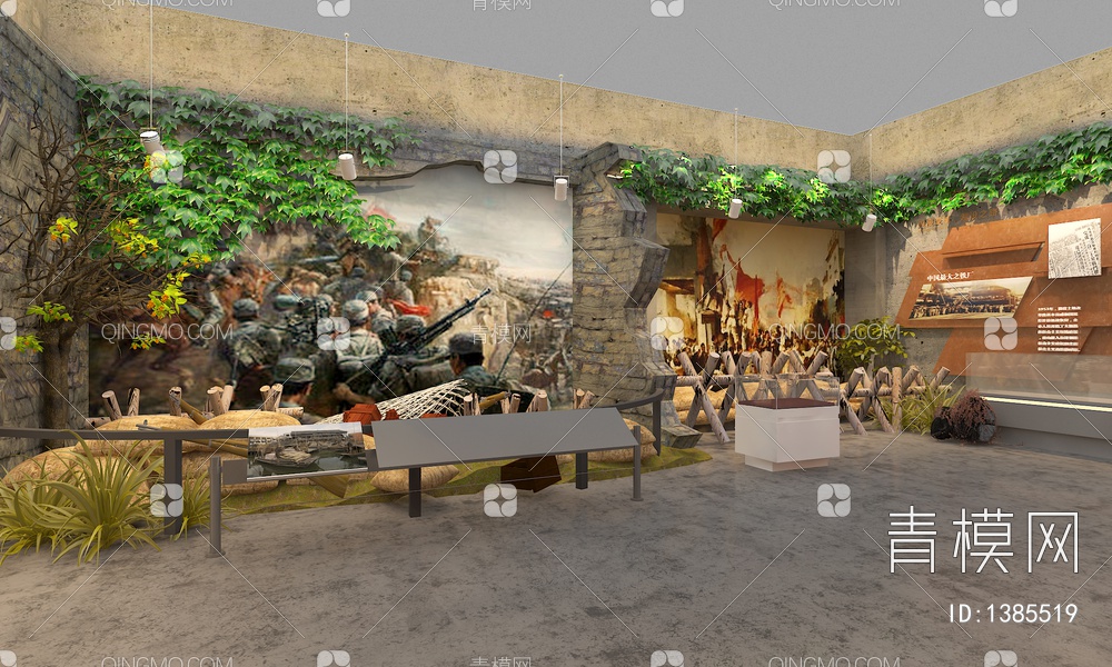 红军革命展厅博物馆 VR场景互动展区 文物展示柜 军人雕塑3D模型下载【ID:1385519】