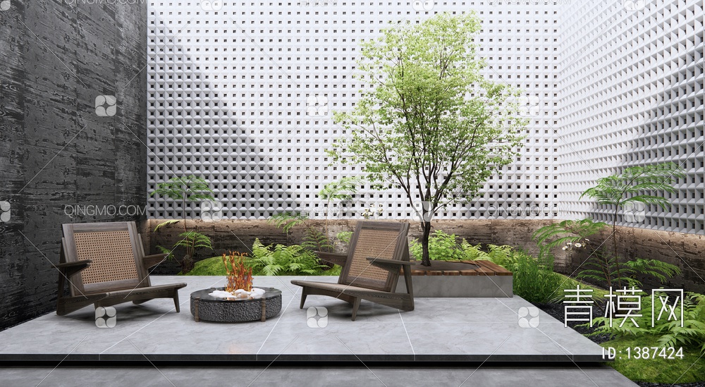 天井庭院花园 下沉庭院小品 户外休闲椅 植物景观 蕨类绿植 露台花园景观 景观树3D模型下载【ID:1387424】