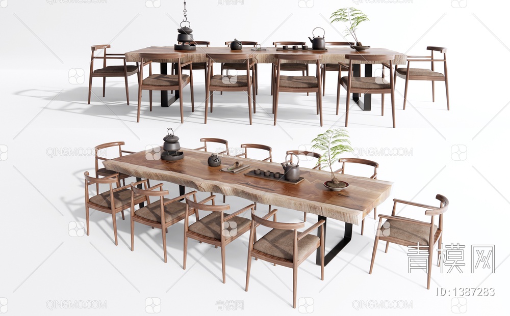 茶桌椅 大板茶桌 休闲椅 茶具 蕨类植物盆栽SU模型下载【ID:1387283】