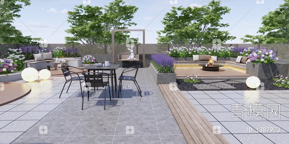 屋顶花园 庭院景观 户外景观座椅 秋千 户外桌椅 花草植物 花卉3D模型下载【ID:1387973】