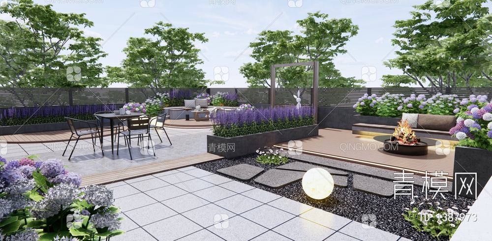 屋顶花园 庭院景观 户外景观座椅 秋千 户外桌椅 花草植物 花卉3D模型下载【ID:1387973】