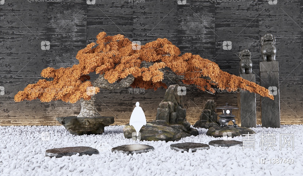 枯山石庭院小品 迎客松树 景观石头 假山 禅院景观 松树盆栽3D模型下载【ID:1387460】