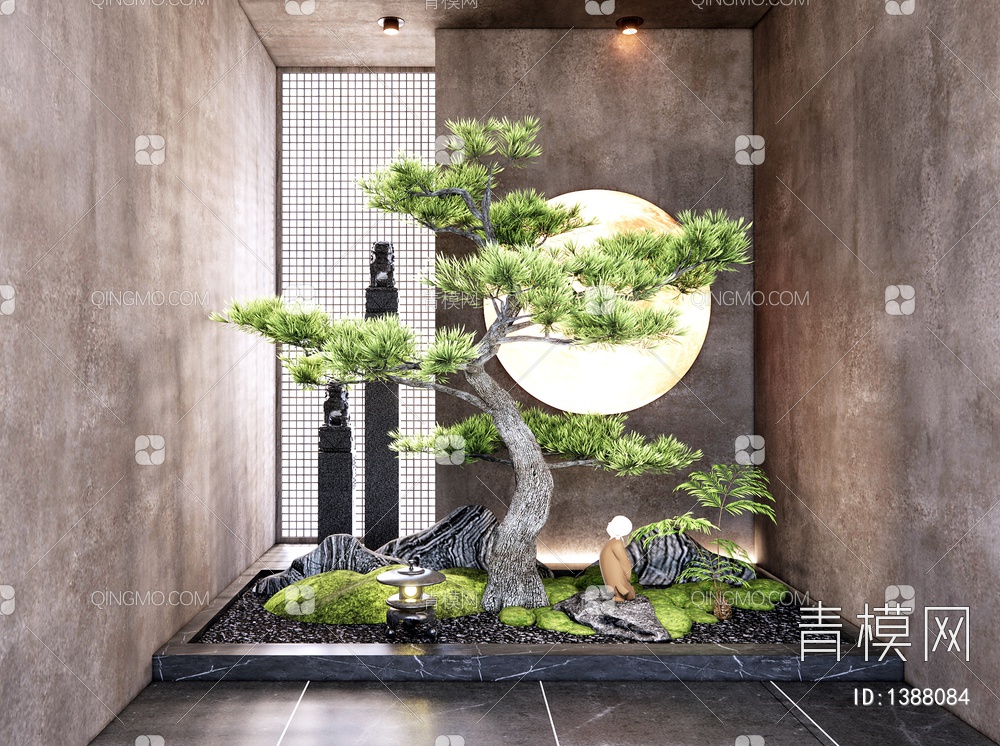 室内植物造景 玄关景观小品 假山石头 松树 室内景观3D模型下载【ID:1388084】