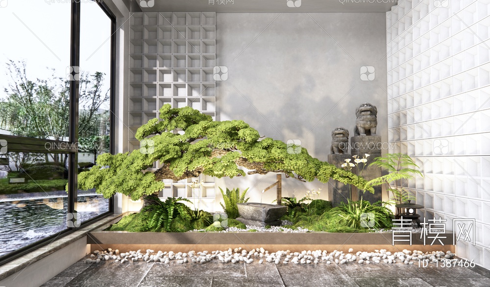 庭院景观小品 植物景观 流水水钵 石头景石 松树 蕨类植物 拴马柱3D模型下载【ID:1387466】