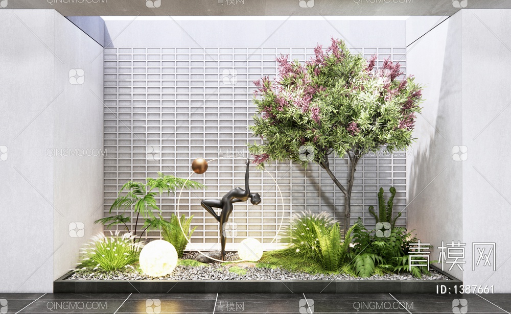 庭院景观小品 植物景观 蕨类植物 景观树 雕塑小品 植物堆SU模型下载【ID:1387661】