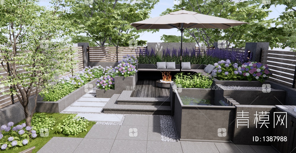 居家庭院花园 户外桌椅 景观座椅 花草植物 花卉 景观树 烧烤台3D模型下载【ID:1387988】