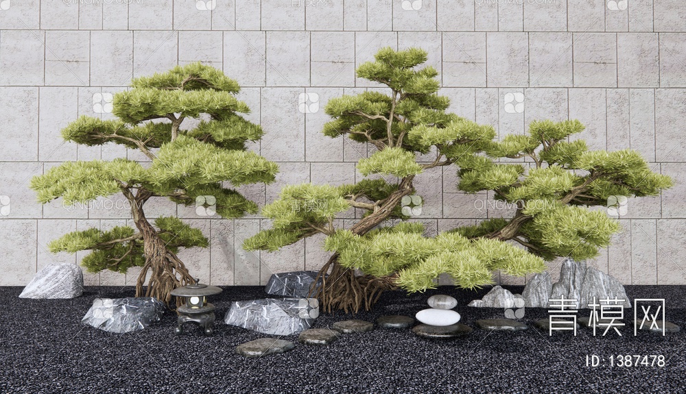 迎客松 松树 柏松 景观树 石头 景观石 枯山石 庭院小品3D模型下载【ID:1387478】