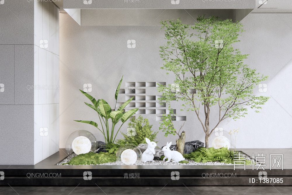 庭院景观小品 植物景观 雕塑小品 石头 景观树 灌木3D模型下载【ID:1387085】