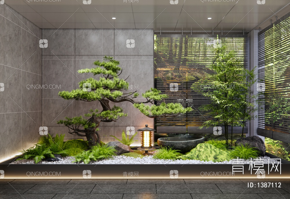 室内景观造景 禅意庭院景观小品 水钵 造型松树 植物景观 竹子 蕨类植物3D模型下载【ID:1387112】