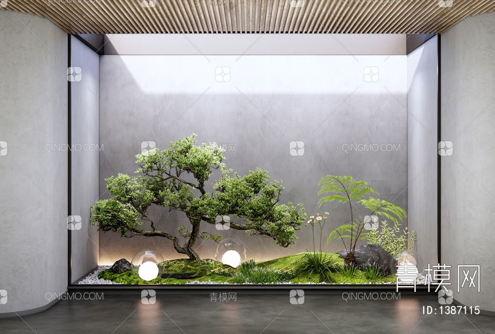 室内植物造景 植物堆 苔藓 蕨类植物 石头 造型景观树3D模型下载【ID:1387115】