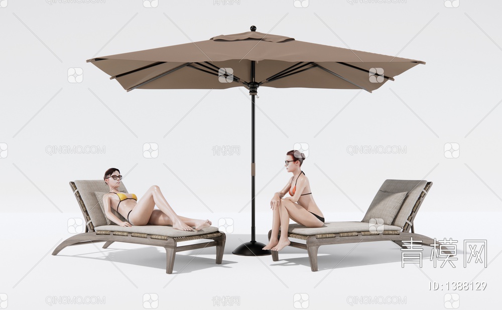 户外躺椅 沙滩椅 太阳伞3D模型下载【ID:1388129】