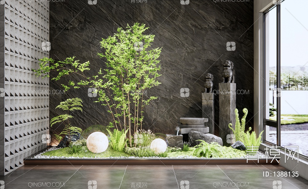 庭院植物小品 水钵 植物推 拴马柱 石头 蕨类植物 花草3D模型下载【ID:1388135】