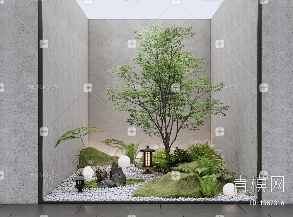 庭院景观小品 蕨类植物堆 天井造景 景观灯 乔木3D模型下载【ID:1387316】