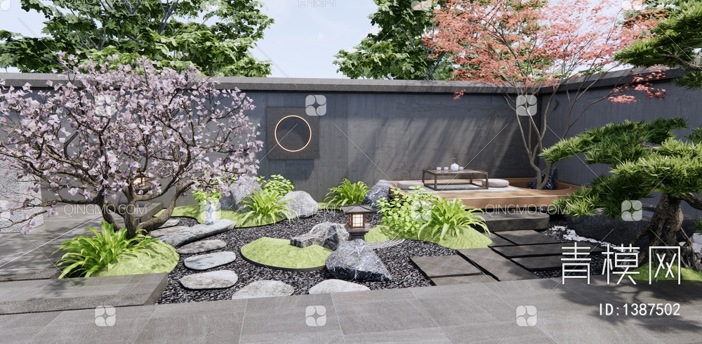 居家庭院花园 枯山水 石头 水钵 茶桌椅 汀步 樱花树 松树3D模型下载【ID:1387502】