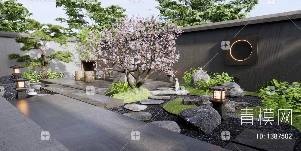 居家庭院花园 枯山水 石头 水钵 茶桌椅 汀步 樱花树 松树3D模型下载【ID:1387502】