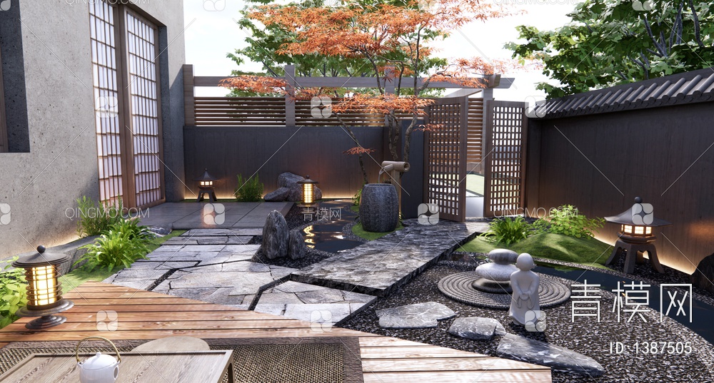 山水庭院景观 水钵 景观石 草坪灯 红枫 松树 茶桌椅3D模型下载【ID:1387505】