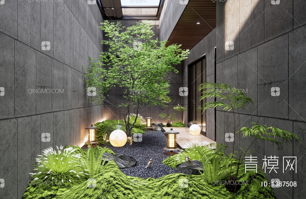 天井庭院景观 中庭景观 景观灯 蕨类植物 苔藓 石头 微地形 景观树3D模型下载【ID:1387508】