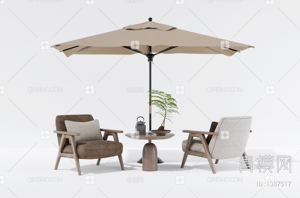 户外休闲桌椅 户外椅 休闲椅 蕨类盆栽茶具 太阳伞桌椅3D模型下载【ID:1387517】