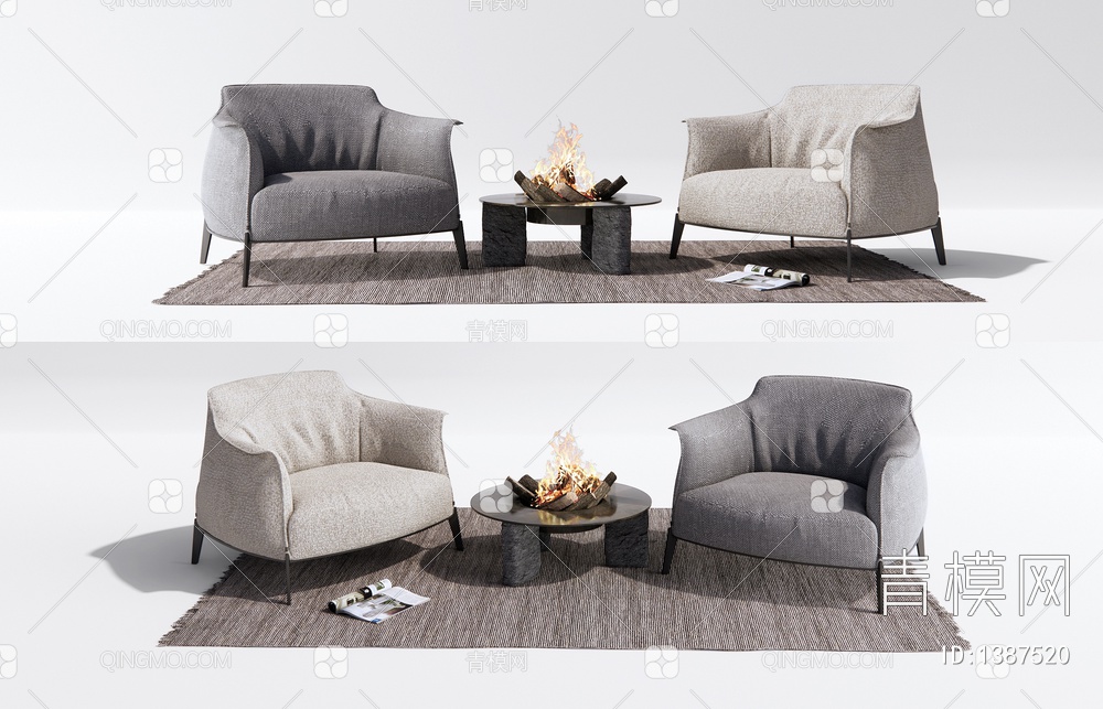 单人沙发 户外休闲椅 木柴火炉3D模型下载【ID:1387520】