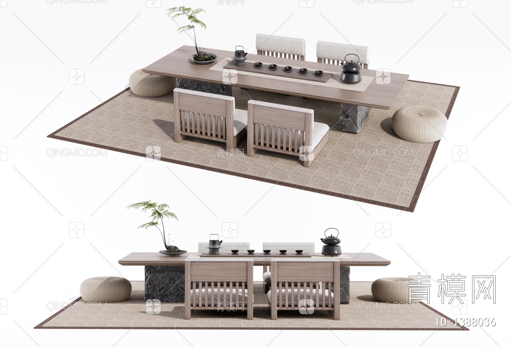 榻榻米茶桌椅 茶具 坐垫 蕨类植物盆栽3D模型下载【ID:1388036】