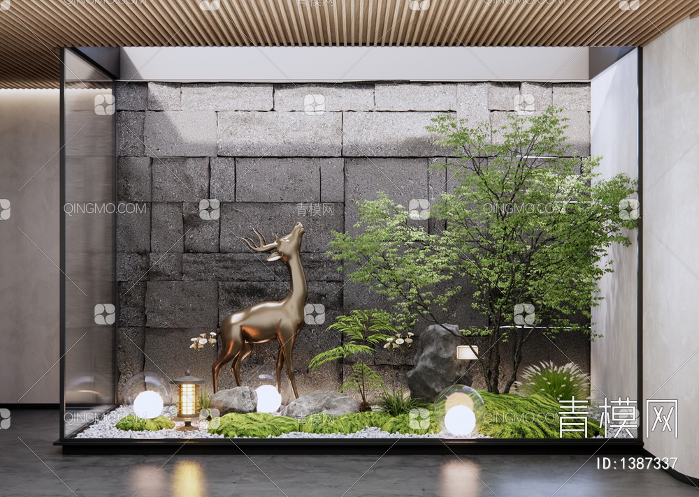 庭院小品 植物堆 雕塑小品 天井景观 石皮墙 乔木 室内植物景观3D模型下载【ID:1387337】