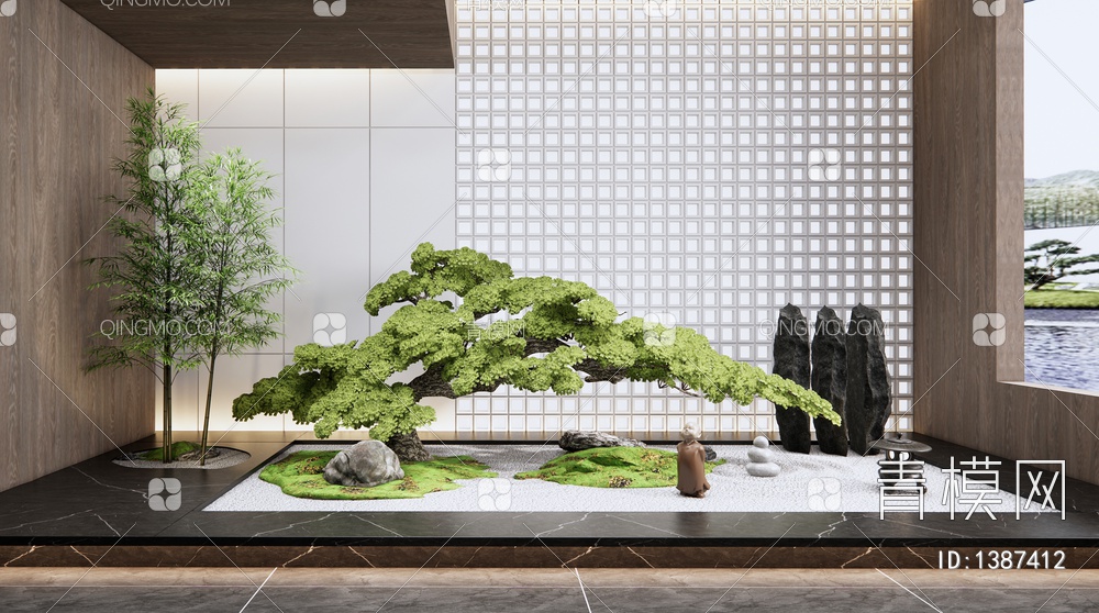 庭院景观小品 室内景观 松树 竹子 苔藓 枯山石 禅意景观 石头3D模型下载【ID:1387412】