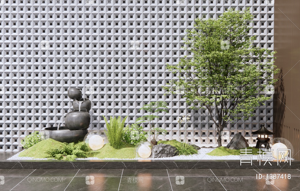 庭院小品 植物堆景观 流水水钵 景观树 枯山水小品3D模型下载【ID:1387418】