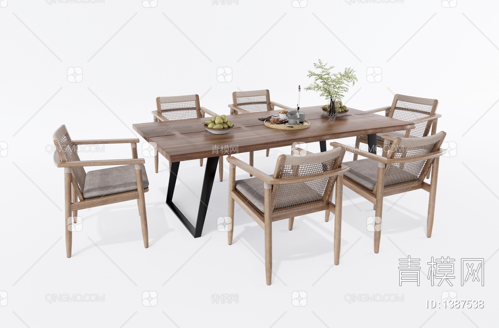 餐桌椅 藤编休闲椅 户外桌椅 餐椅 实木椅子 单椅3D模型下载【ID:1387538】
