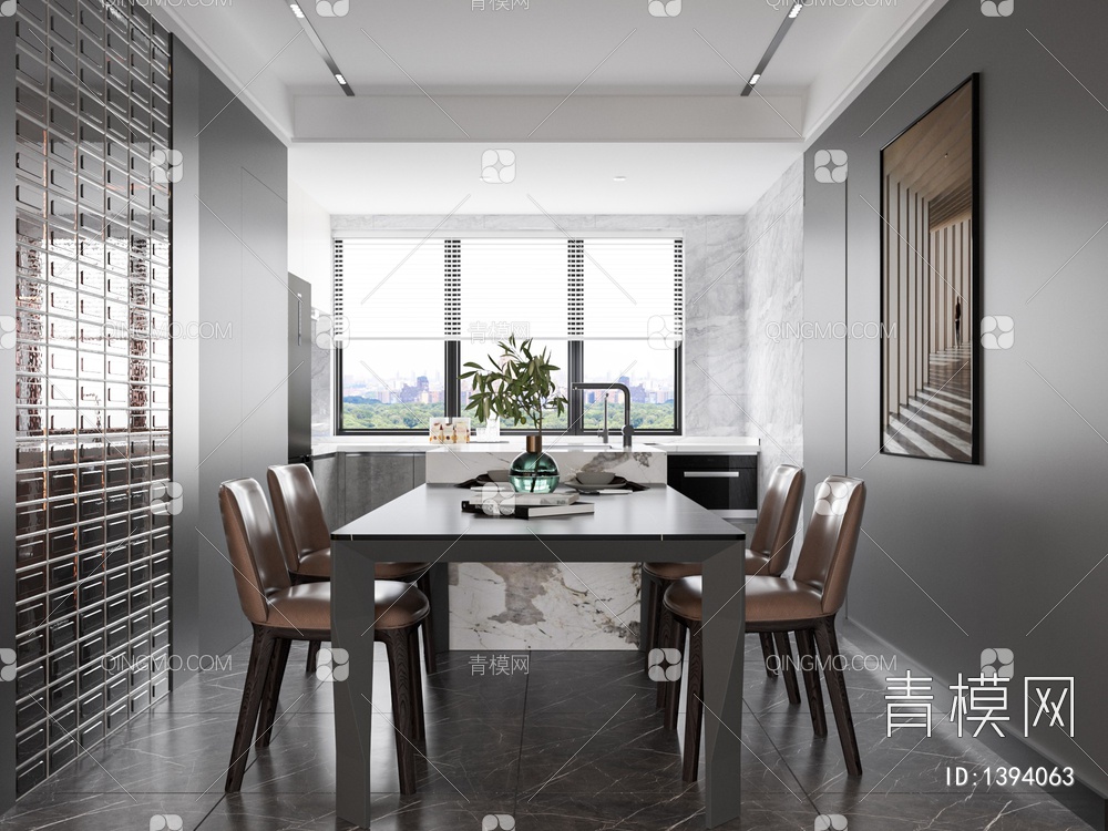 客餐厅 组合沙发 边几 角几 餐桌 开放式厨房3D模型下载【ID:1394063】