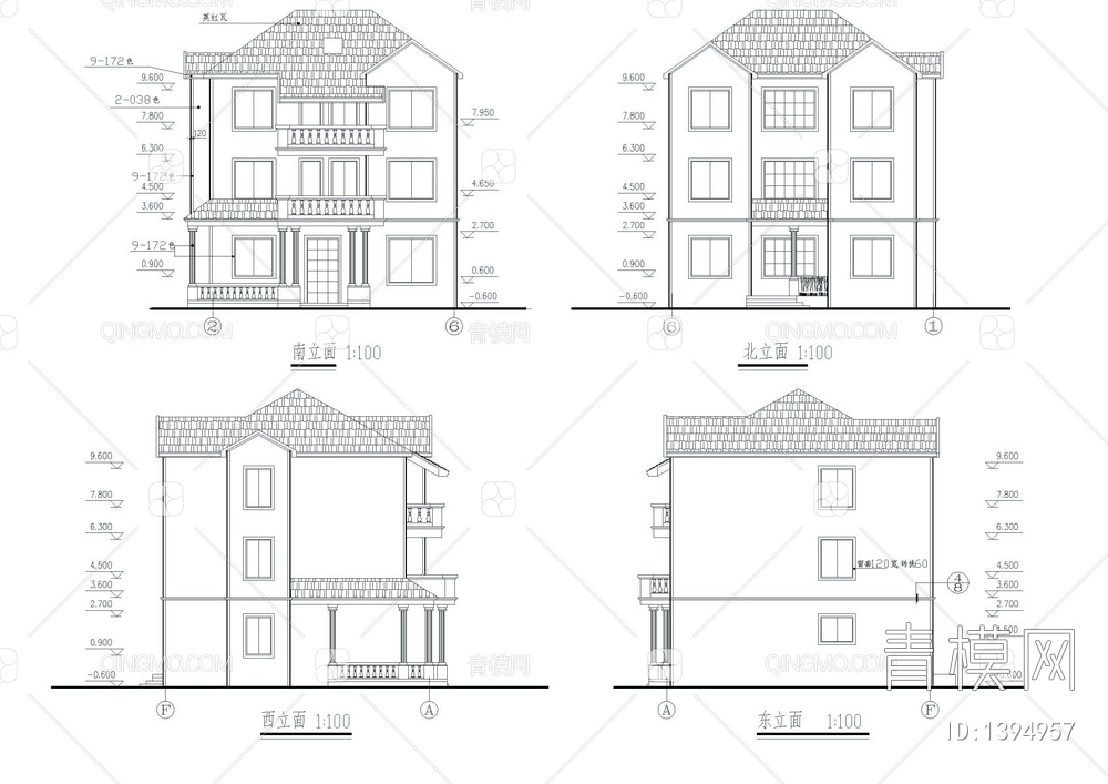 3层别墅建筑CAD图【ID:1394957】