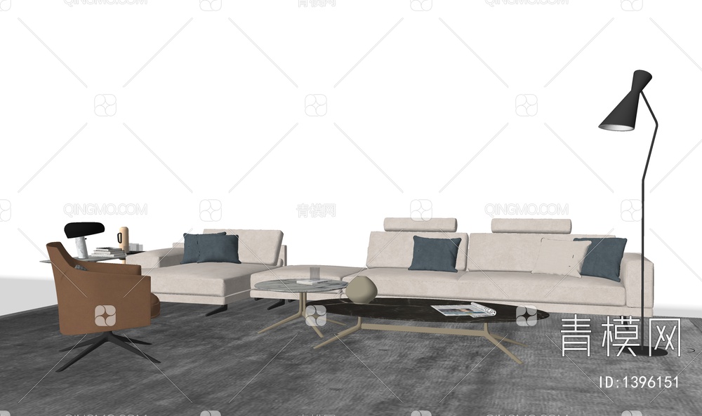 组合沙发 灯具 茶几 地毯SU模型下载【ID:1396151】