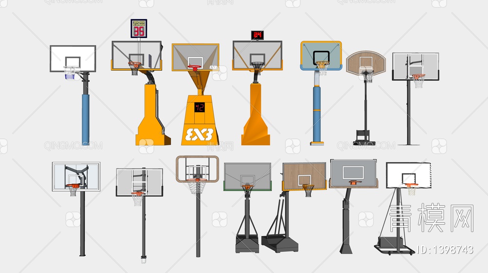 篮球架 篮球框 篮球网 运动器材SU模型下载【ID:1398743】