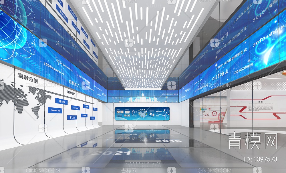 企业科技大厅 LED拼接大屏 互动触摸屏 世界大图3D模型下载【ID:1397573】