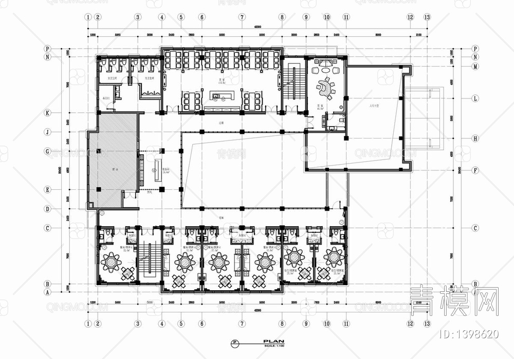 2500㎡餐饮娱乐休闲会所CAD施工图 餐饮 茶室 棋牌 住宿 接待【ID:1398620】