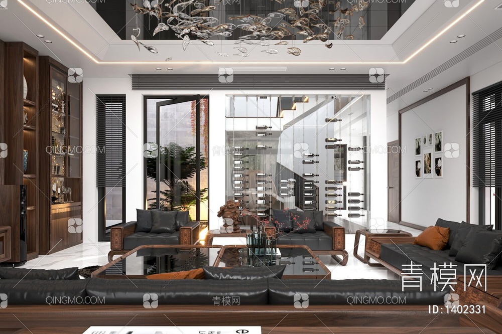 客餐厅，厨房，楼梯，水晶吊灯3D模型下载【ID:1402331】
