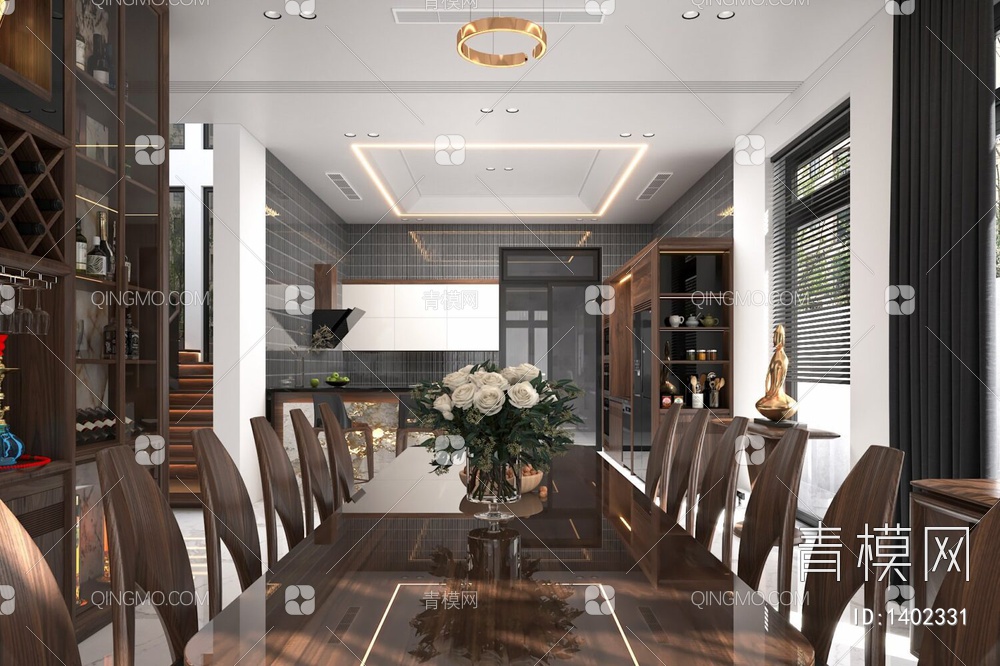 客餐厅，厨房，楼梯，水晶吊灯3D模型下载【ID:1402331】