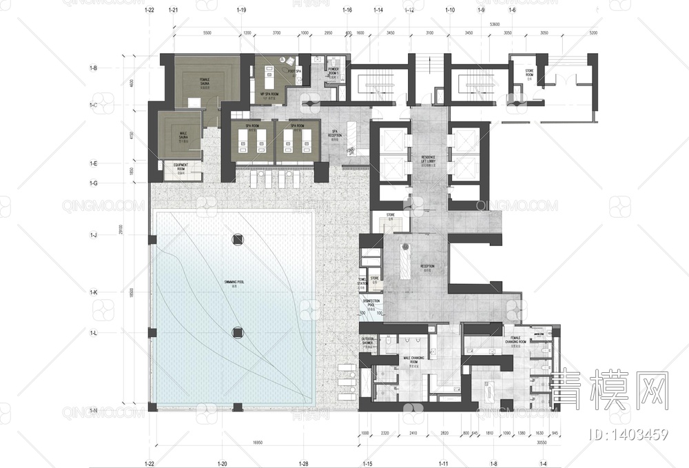 900㎡休闲娱乐会所CAD施工图 游泳池 SPA 干蒸 足疗 水疗【ID:1403459】