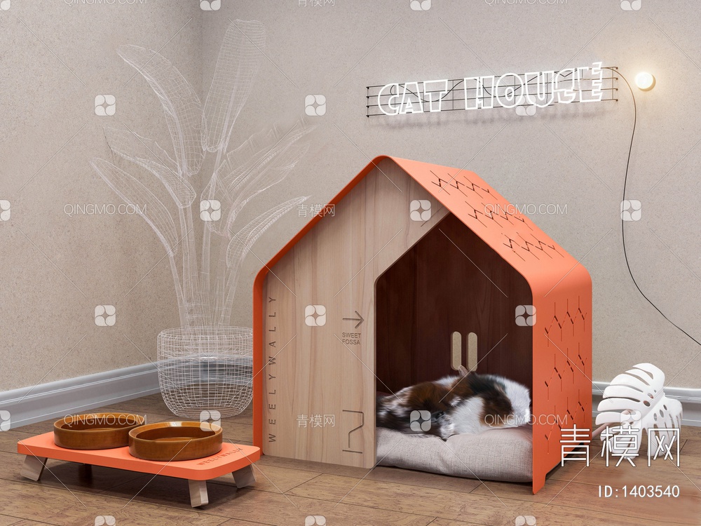 猫屋，猫食盆，饰品摆件3D模型下载【ID:1403540】