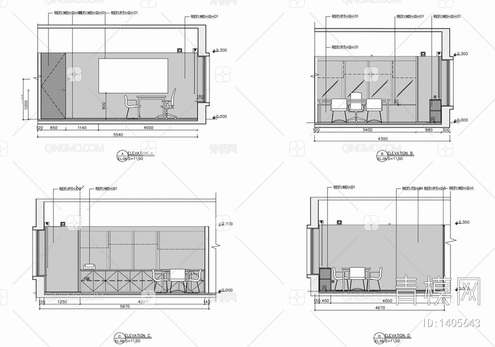 1100㎡办公空间CAD施工图 办公室 办公会所【ID:1405643】