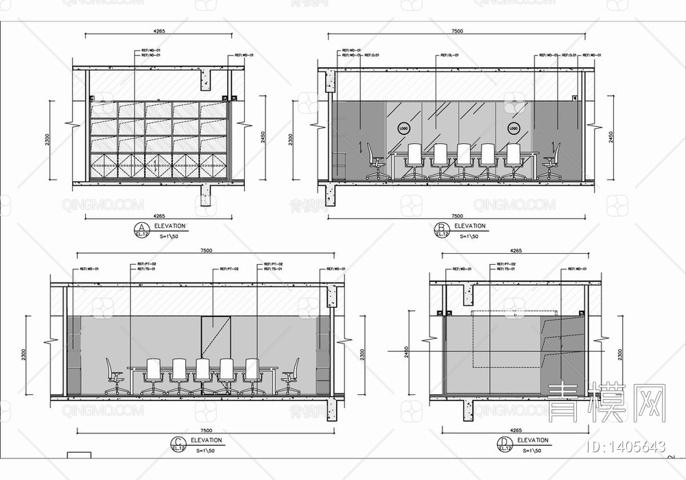 1100㎡办公空间CAD施工图 办公室 办公会所【ID:1405643】