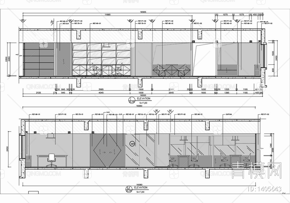 1100㎡办公空间CAD施工图 办公室 办公会所【ID:1405643】