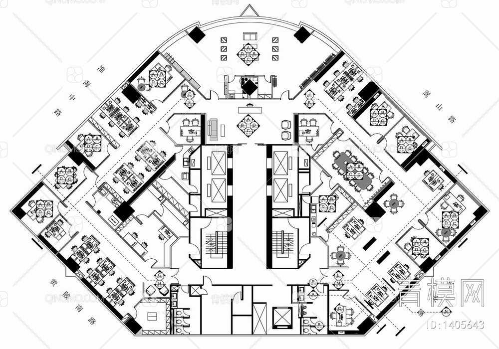 1100㎡办公空间CAD施工图 办公室 办公会所【ID:1405643】