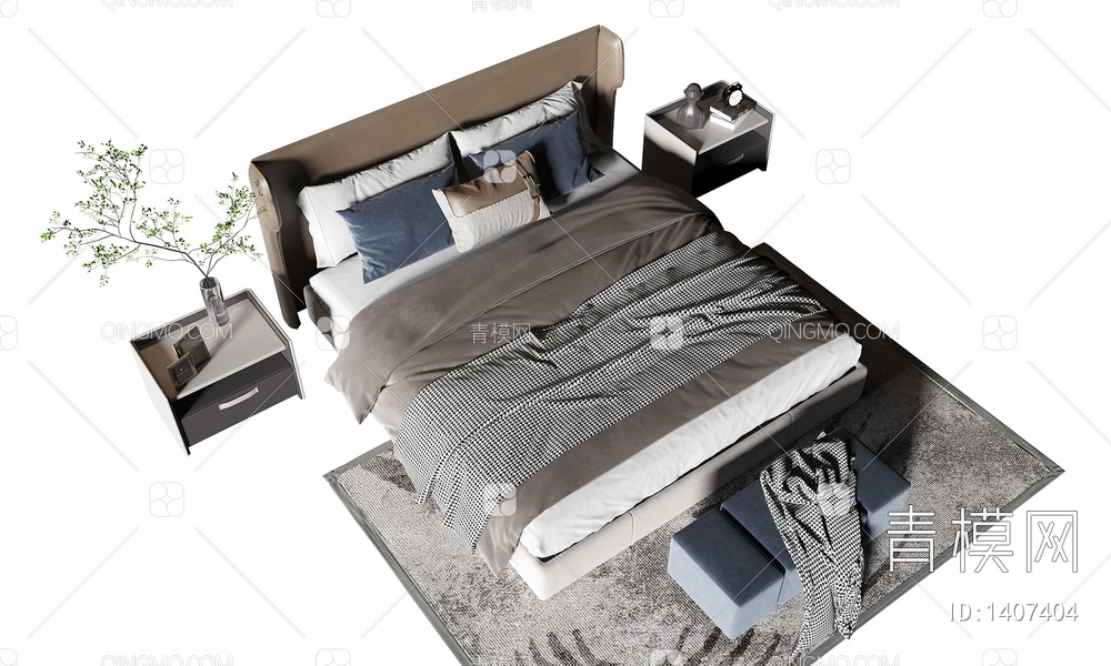双人床 床3D模型下载【ID:1407404】
