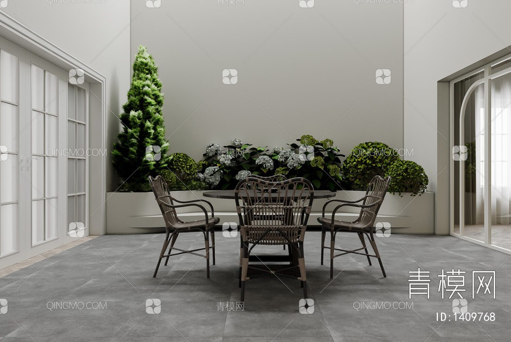 室内庭院茶室，茶桌椅，绿植3D模型下载【ID:1409768】