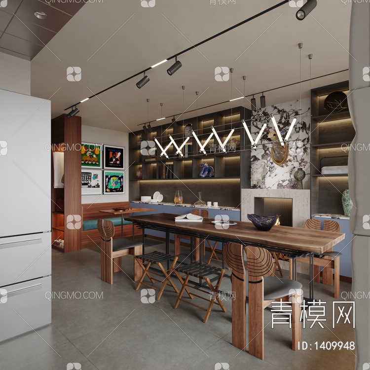 别墅餐厅 厨房3D模型下载【ID:1409948】