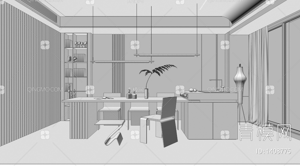 餐厅、餐桌、水吧台桌、餐厅背景、餐桌灯、亚克力椅子3D模型下载【ID:1408775】