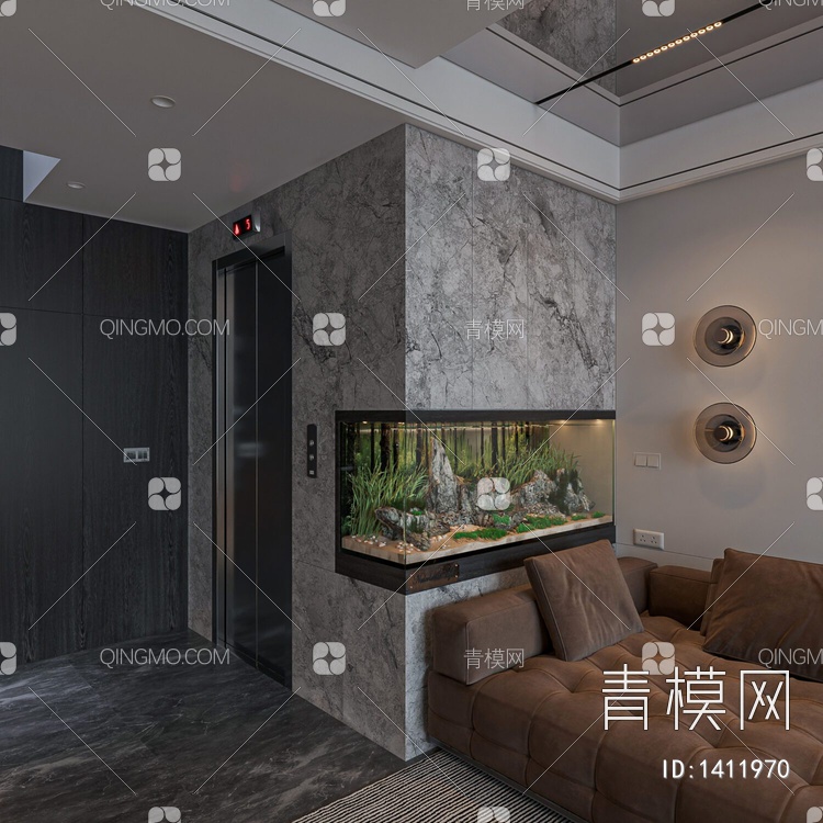 客厅，鱼缸，楼梯，电视背景墙3D模型下载【ID:1411970】