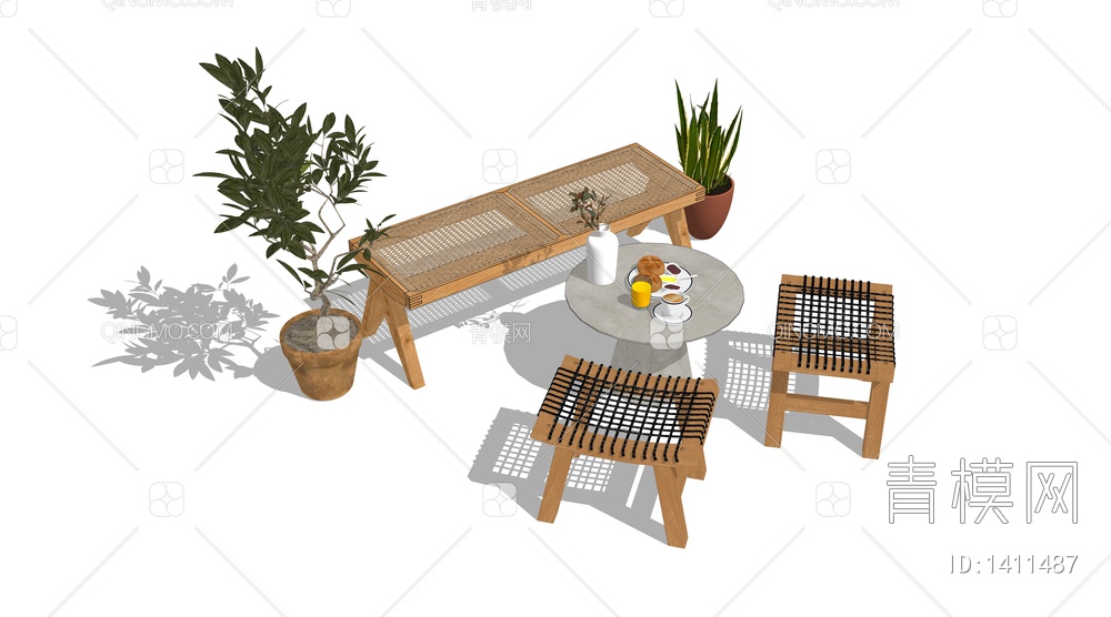 休闲户外桌凳组合 实木板凳SU模型下载【ID:1411487】